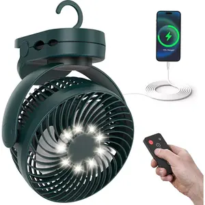 Camping Fan with Remote Control - 12000mAh Rechargeable Battery Powered Fan, Camping Fans for Tents with LED light & Hanging Hook, Rechargeable Battery Operated Ceiling Fans for Tent RV Bed, Green
