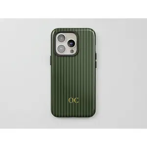 Dark Green Striped Phone Case Gold Monogram Personalized Cute Minimalist Letters iPhone 17 16 15 14 Galaxy S25 S24 Protective Wireless