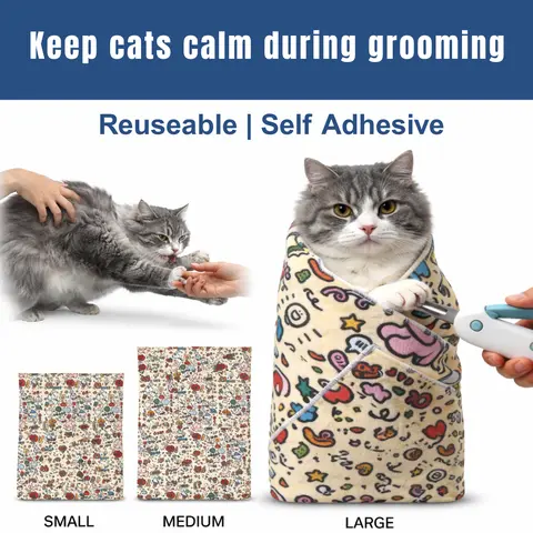 Cat Grooming Wrap for Nail Clipping - Cat Restraint Wrap, Cat Swaddle,Cat Burrito,  Cat Blanket, Calming Cat Wrap Medium Large XL Size Self Adhesive Cloth Wrap Anti-Escape Wrap for Medicine Nail Clipping Teeth Brushing Ear Cleaning