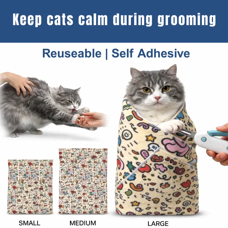 Cat Grooming Wrap for Nail Clipping - Cat Restraint Wrap, Cat Swaddle,Cat Burrito, Cat Blanket, Calming Cat Wrap Medium Large XL Size Self Adhesive Cloth Wrap Anti-Escape Wrap for Medicine Nail Clipping Teeth Brushing Ear Cleaning