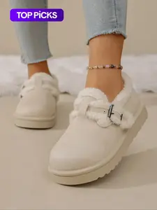 Women's Winter Casual Snow Boots, Winter Shoes, Faux Fur Lined Ankle Booties with Metal Buckle Decoration, Multiple Colors Available