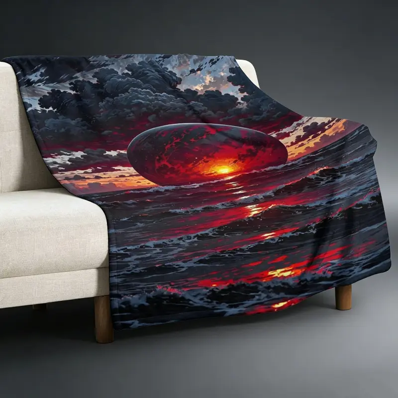 Portable Wall-Mounted Soft Flannel Blanket - Mysterious Alien Spaceship Style Design Over Red Sunset Sea, Home Supplies Hanging Decor