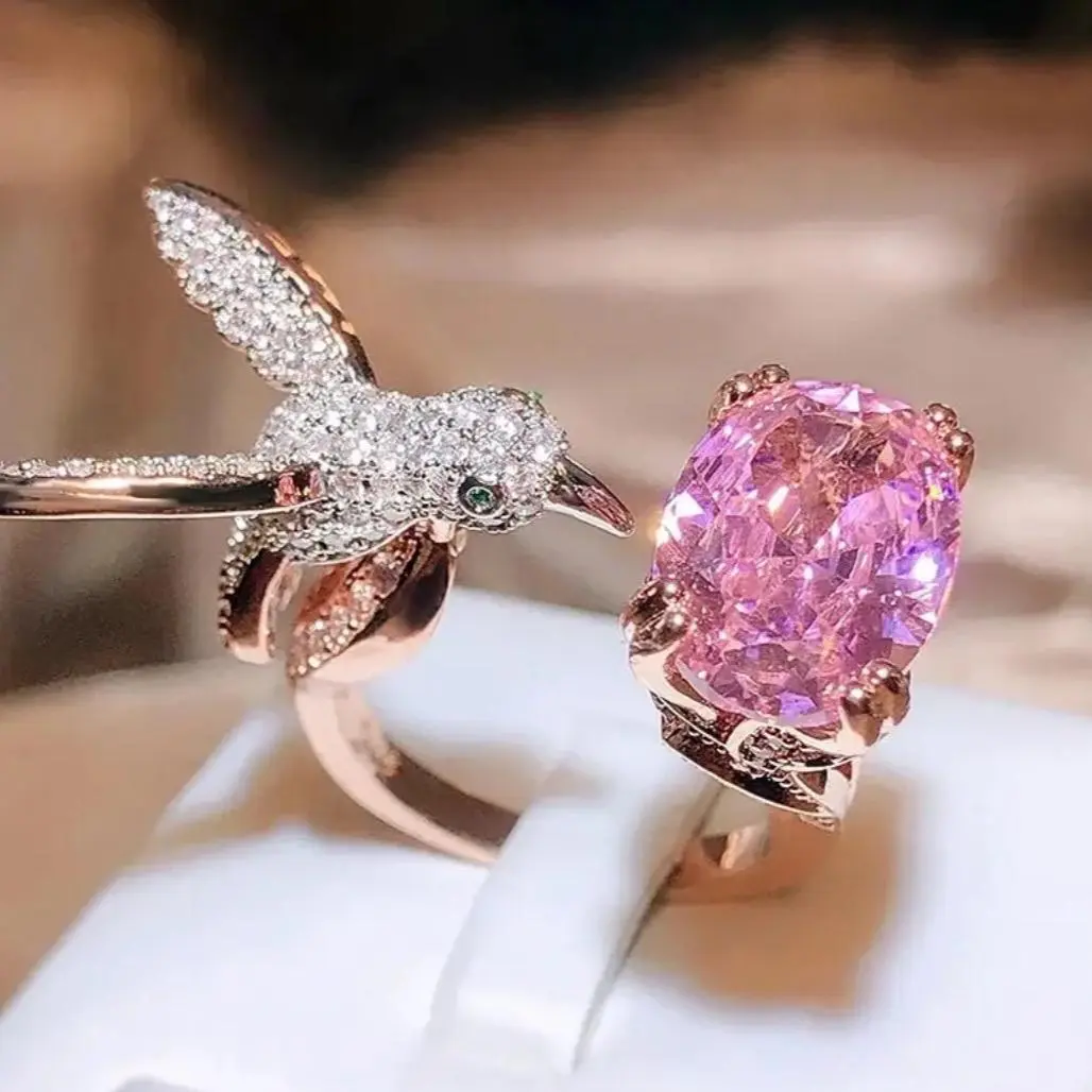Gold Plated Hummingbird Pink Unique One Size Large Ring, Rose Gold Base, Charm with Pink Stone, Versatile for Formal and Casual Occasions