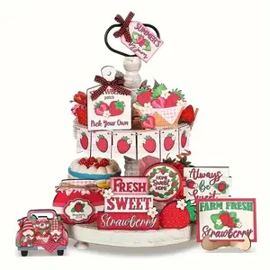 Strawberry Themed Tiered Tray Decoration, 16pcs/set Strawberry Sweet Theme Decoration, Home Decor for Living Room Office, without Tray, Ornaments