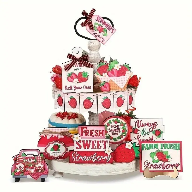 Strawberry Themed Tiered Tray Decoration, 16pcs/set Strawberry Sweet Theme Decoration, Home Decor for Living Room Office, without Tray, Ornaments