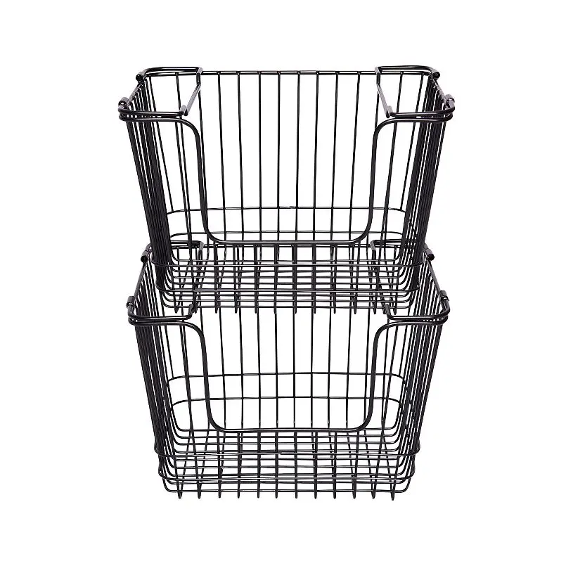 Wire Stacking Baskets with Fold Down Ear Handles - Set of 2 - Small