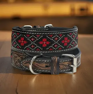 Leather Beaded Dog Collar Full Grain Leather 1.5" Wide Handcrafted Western Floral Design Heavy Duty Solid Metal Buckle D Ring Comfortable Sturdy Natural Brown Tone
