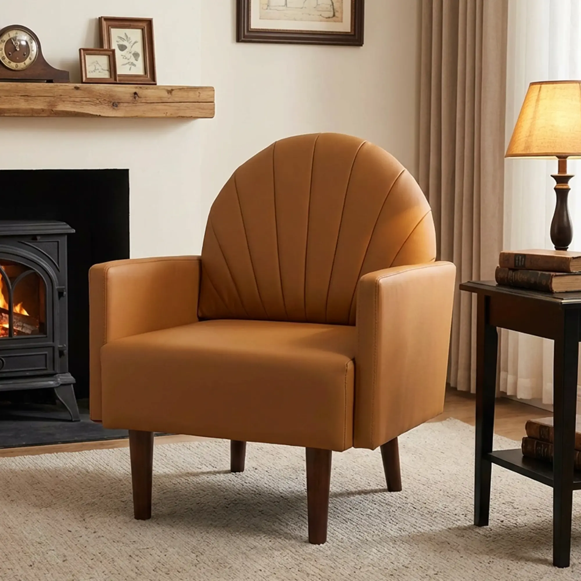 【DealsforYouDays 】SZLIZCCC PU Accent Chair Orange Mid Century Single Sofa Armchair with High Density Foam Cushion Shell Shaped Back Solid Wood Legs Waterproof Faux Leather Living Room Bedroom Home Office