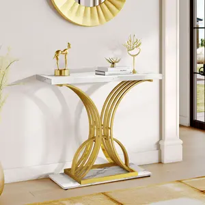 LUX Modern Gold Console Table 39" Entryway Table with White Faux Marble Living Room
