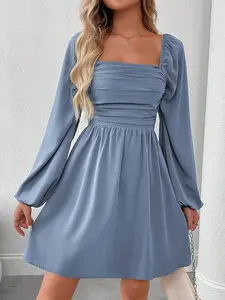 Dusty Blue Mini Dress: Elegant Ruffle Lantern Sleeve Dress for Women