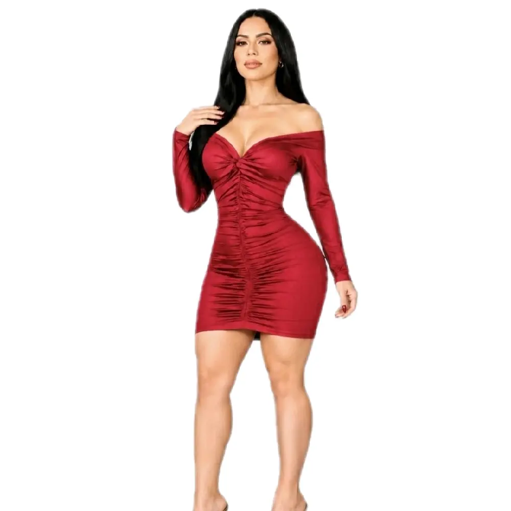 Women's Coleccion Divine Curves Hadassah Comfortable Elegant Sexy Pullover Formal Mini Dress, Long Sleeves, Slim-Fit, Ideal for Birthday, Cocktail Events, Off Shoulder