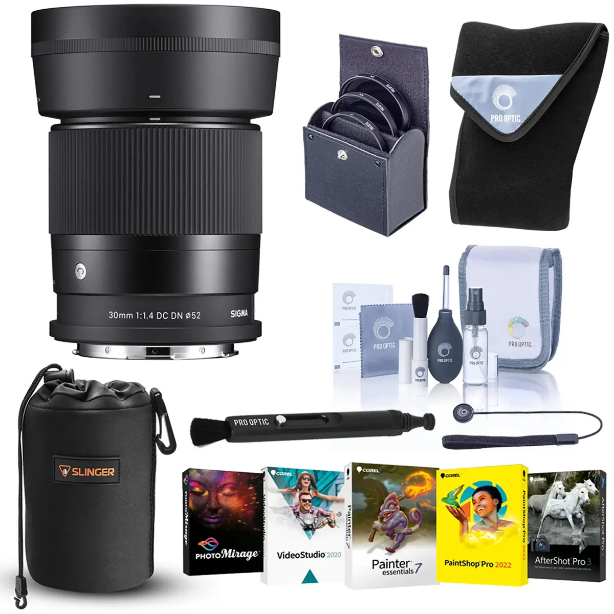 Sigma 30mm f/1.4 DC DN Contemporary Lens for L Mount, Bundle with 52mm UV Filter, Lens Pouch, Lens Cleaner, Cleaning Kit, PC Software Kit, Lens Cap Tether, Wrap