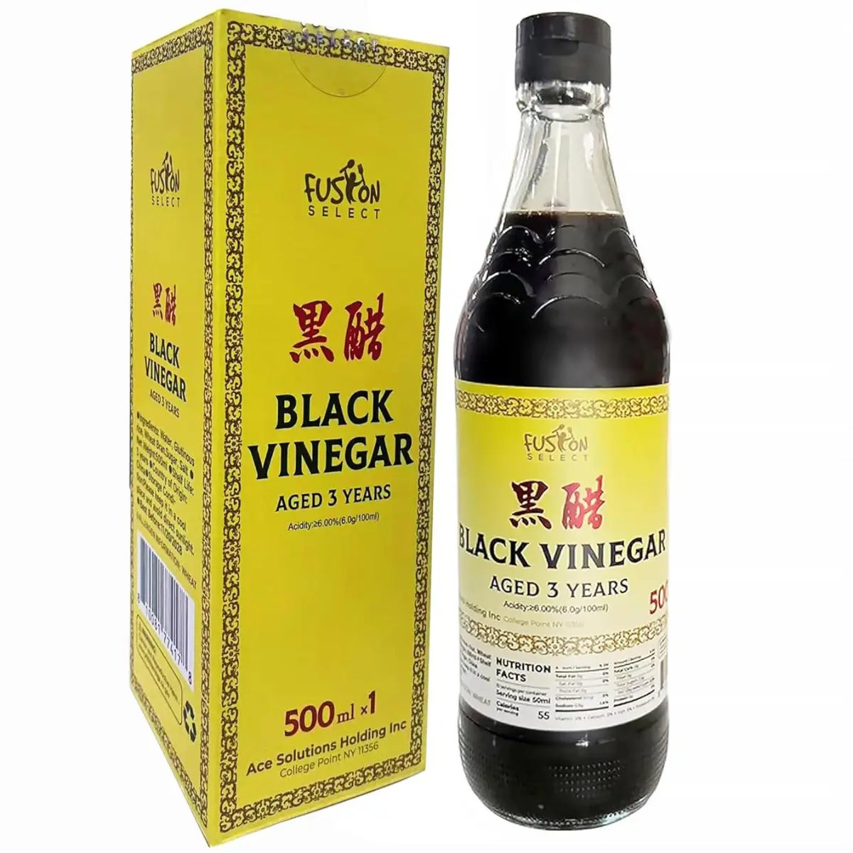 Fusion Select 500ml Black Vinegar - Authentic Chinkiang Vinegar for Cooking, Sauces, Dressings, Zero Artificial Colors & Flavors, Aged 3 Years