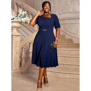[Plus Size] Asymmetrical Neck Pleated Skirt Dress, Elegant Fashion A Line Dress for Work Office Business Formal Wear, Women Plus Clothing for Summer