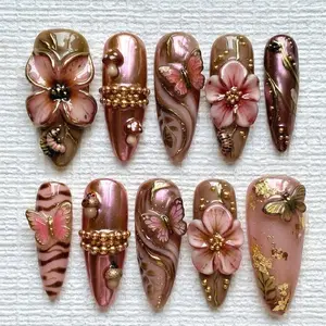 Handmade Pink Brown 3D Floral Butterfly Press On Nails, Gold Mushroom Nail Art