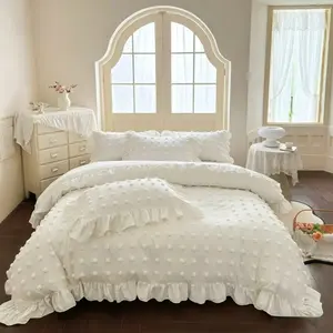3pcs Soft White Duvet Cover Set, Princess Style with Ruffle Edges, Includes 1 Duvet Cover and 2 Pillowcases, Single Double Queen King size Bedding set All Seasons