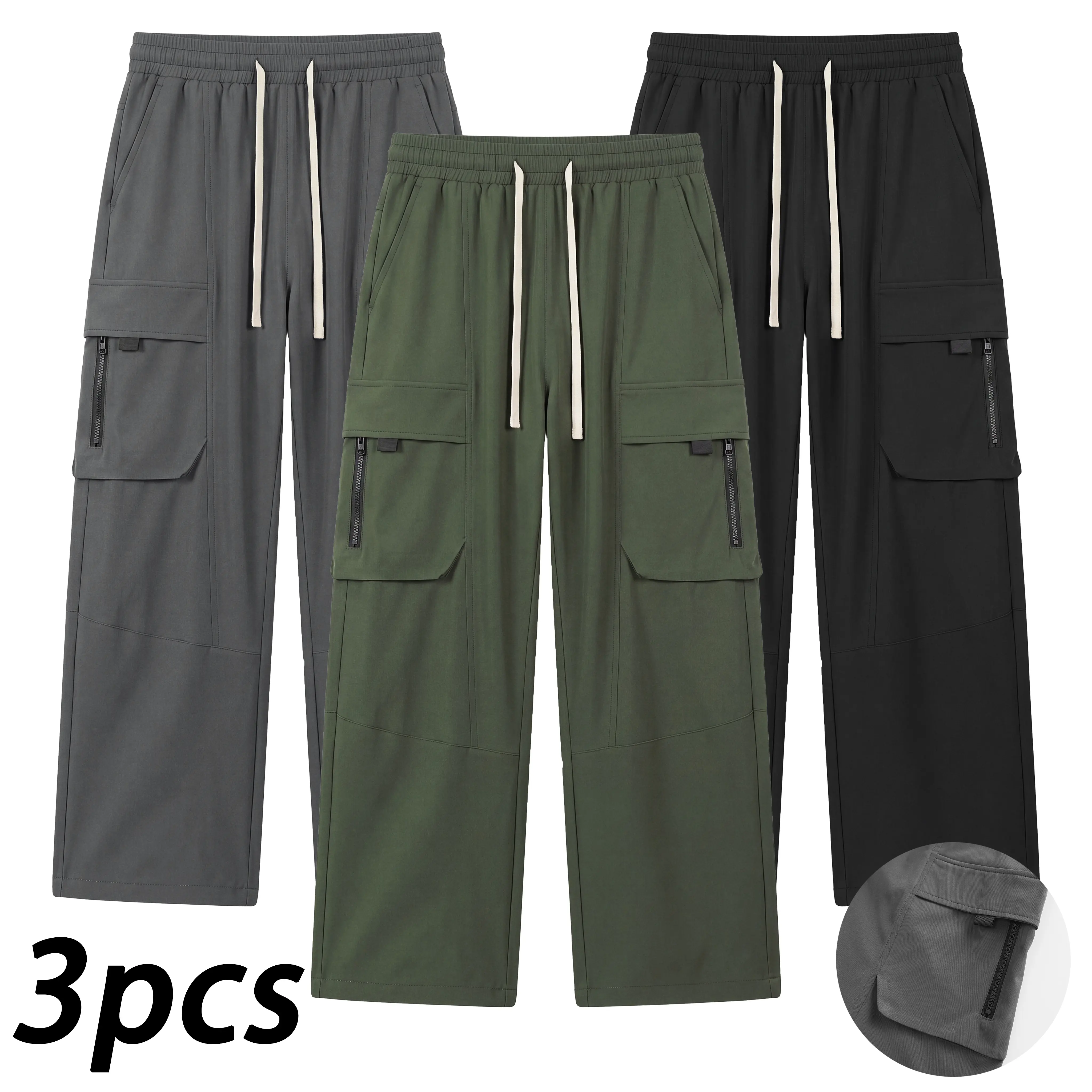 American vintage workwear straight-leg long pants for men, featuring multifunctional zippered pockets and a drawstring waist; casual trousers for city outings, suitable for various styling options.