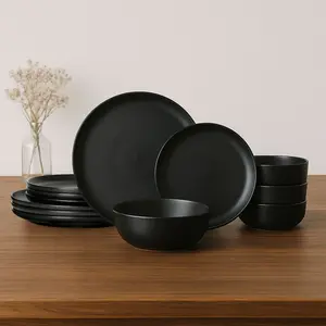 12-Piece Stoneware Dinner Plates Bowls Sets | Microwave & Dishwasher Safe | Non-Toxic Dinner Plates Bowls Set | Stackable Matte Glaze Kitchenware for 4