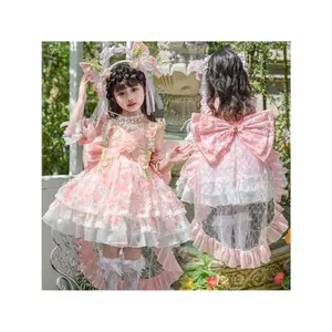 Girls' 2025 Bohemian Fairy Princess Dress with Ruffled Layers & Bow Back - Pastel Pink & White A-Line Party with Ruffled Sleeves & Layered Birthday, Easter, Outfit - Hand Washable Lightweight Ball Gown, Round Neck Non-Stretch