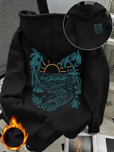 Tropical Sunset Palm Tree Hoodie, Loose Fit, Beach Print, Fleece Lined, Casual Relaxing, Fall&winter