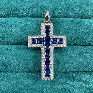 <PingEast jewelry > Thick Silver Set with Sapphire Cross Pendant