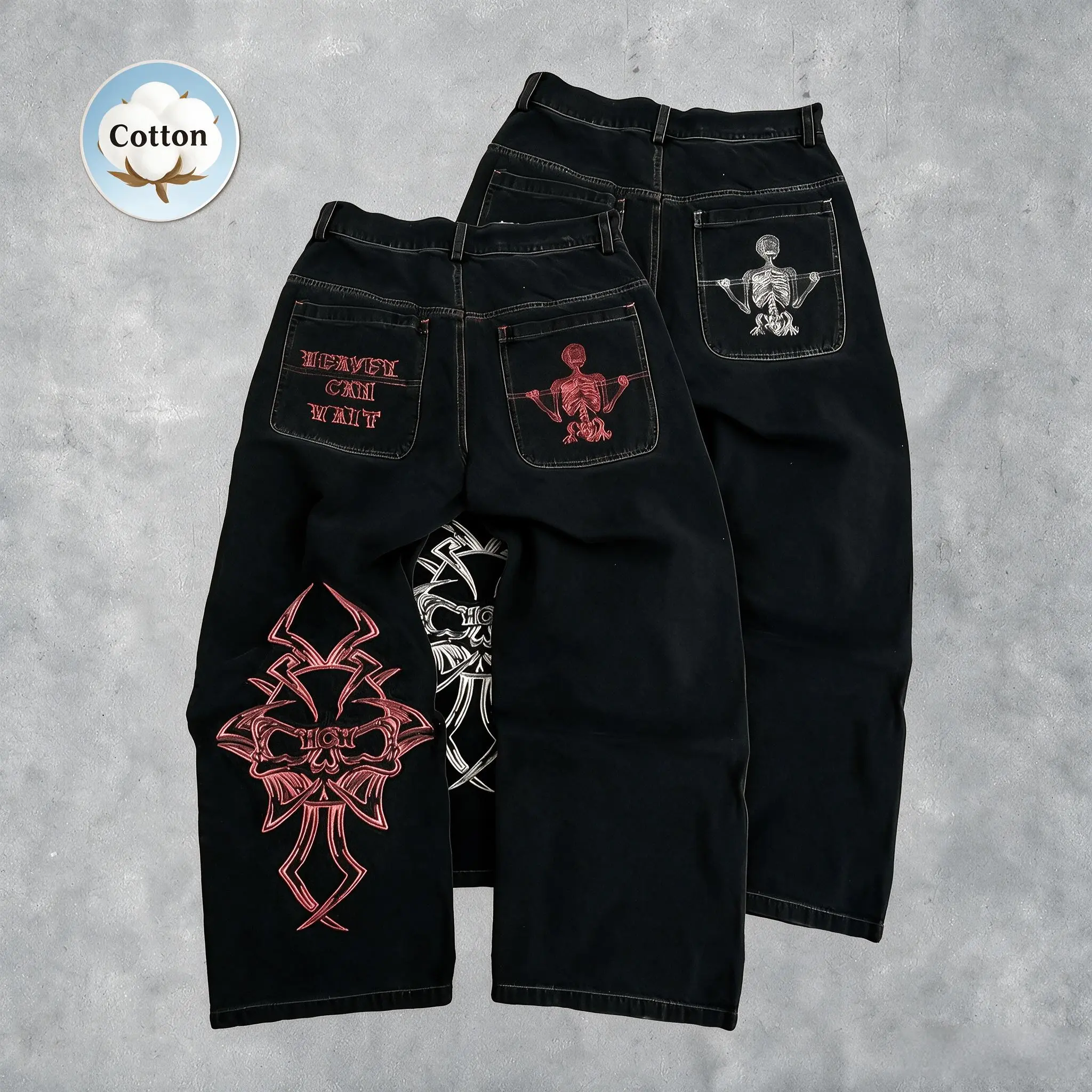Men's street-style jeans with skull embroidery - extremely fashionable. Suitable for both casual outings and social gatherings.