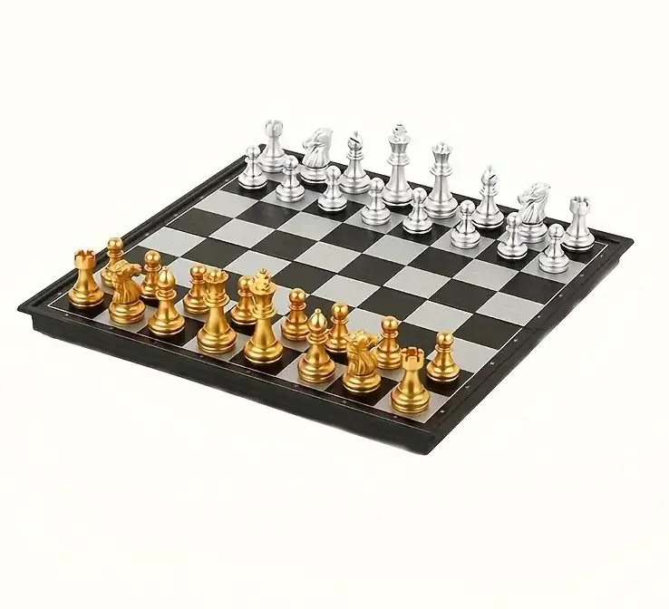 9.8 in Foldable Magnetic Chess Set - Classic Golden & Silvery Tabletop Chess Board, Portable Travel Strategy Game, Ideal for Family Bonding Time, Christmas Gifts