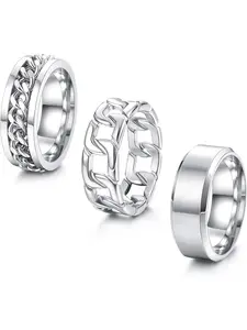 Mens Rings 3Pcs Silver Rings for Men Women Stainless Steel Plain Band Ring Cuban Link Chain Rings Spinner Ring Men's Promise Wedding Rings Set,Size 6-14