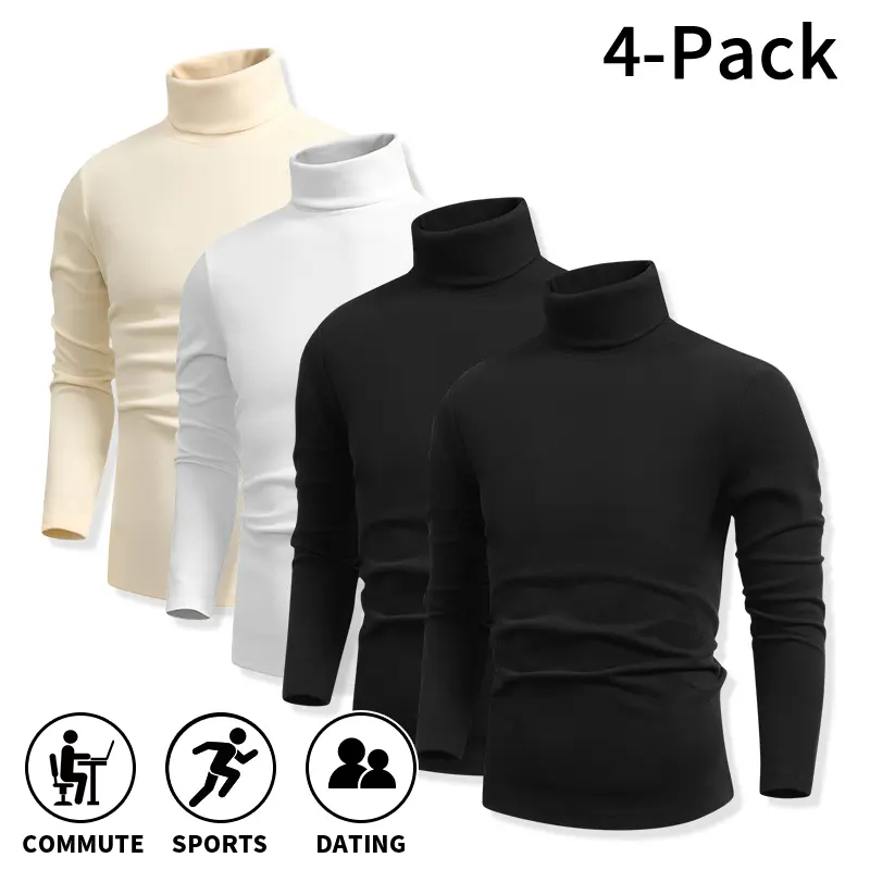 Men’s thermal turtleneck base layer shirts available in 4-pack/1-pack for autumn and winter, skin-friendly, stretchy long-sleeve turtleneck tops, solid color slim-fit undershirts suitable for all occasions in cold weather