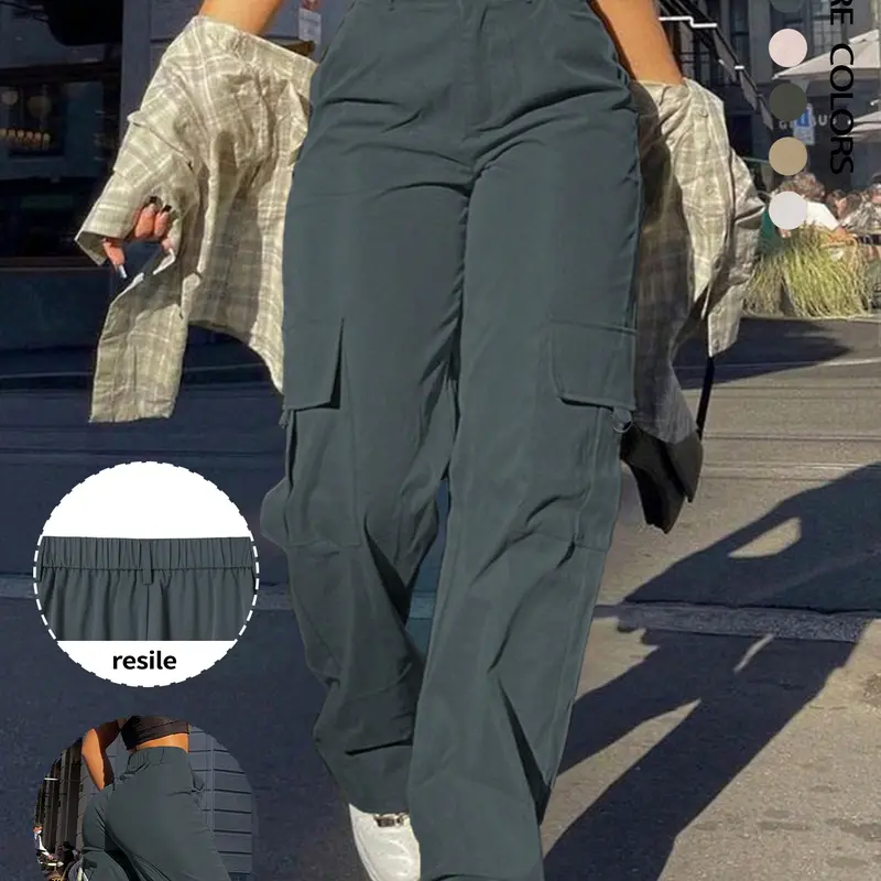 Women's Plain Basic Flap Pocket Button High Waist Fit Cargo Pants with Pockets, Casual Elastic Waist Chic Trousers for Fall & Winter, Ladies Bottoms for Daily Wear, Womenswear
