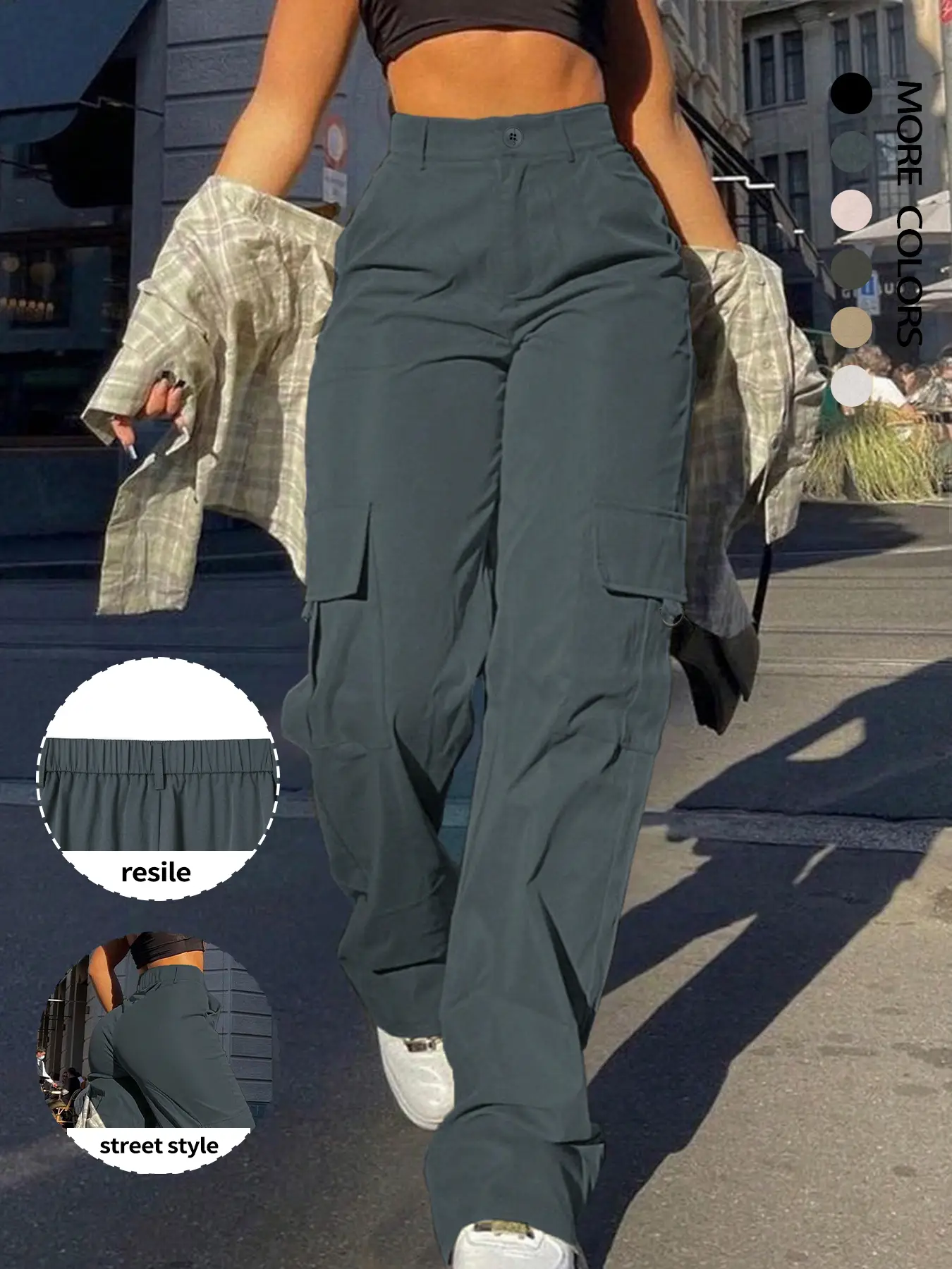 Women's Plain Flap Pocket Button High Waist Cargo Pants, Casual Elastic Waist Trousers for Fall & Winter, Ladies Bottoms for Daily Wear