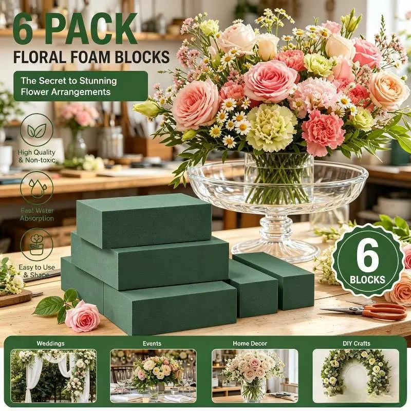 6-Pack Wet & Dry Green Floral Foam Blocks - Easy to Use, Shapable DIY Decoration Tools for DIY Bouquets, Holiday Parties, Kitchen Table Events, 5.5"x3.1"x1.7" Small Custom Craft Supplies (Soak It for Wet Use)