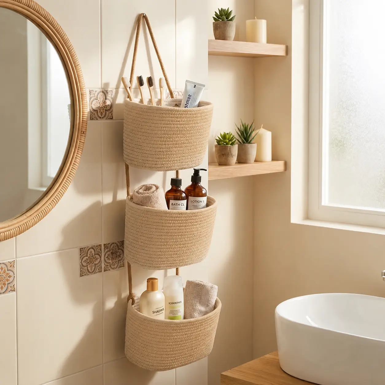 3-Tier Bohemian Woven Hanging Storage Baskets - Wall-Mounted Fabric Organizer, Space-Saving for Bathroom, Kitchen