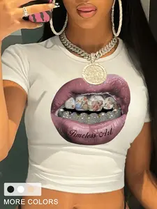 Women's Letter & Lip Print Round Neck Crop Tee, Fashion Casual Crew Neck Short Sleeve T-shirt for Daily Holiday Vacation Outdoor Wear, Ladies Clothes for All Seasons