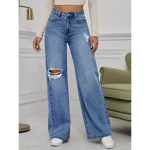 Women'sMidWaistedPullOnStretchyFlareRippedWideLegJeansWomenElasticWaistBellBottomBoyfriendsStraightBaggyY2KDenimPantsWomensLooseTummyControlTrendyBootcutJeans