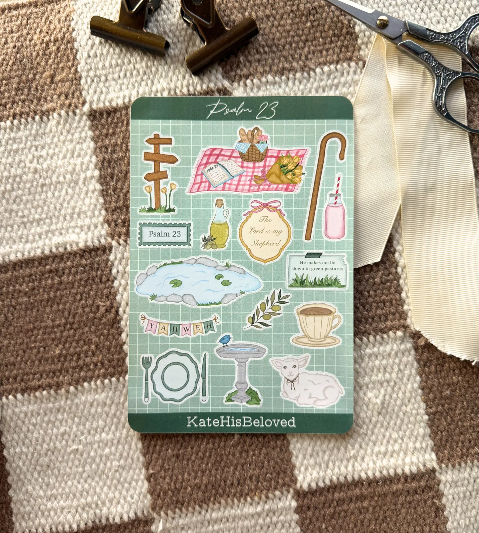 Psalm 23 Christian Sticker Sheet, The Lord Is My Shepherd Sticker Pack, Green Theme Bible Journaling Stickers