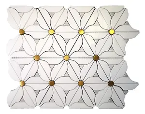 Artistic Gold Floral Thasso White and Metal Backsplash Mosaic Floor & Wall Tiles (12x12 inch)DP8974