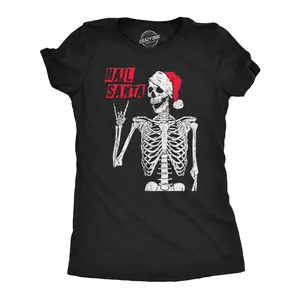 Womens Hail Santa T Shirt Funny Xmas Skeleton Metal Horns Joke Tee for Ladies Funny Womens T Shirts Cute Vintage Fashion Casual Ladies T-Shirt Gift Christmas Tops for Women Funny Sarcastic Top Women's Novelty Black -