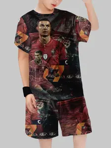 Portugal Team Cr7 Dark Boys Short Sleeve Athletic Set, Cr7 Logo + Stadium Background, Casual Fitted Style, Sports Youth Fashion