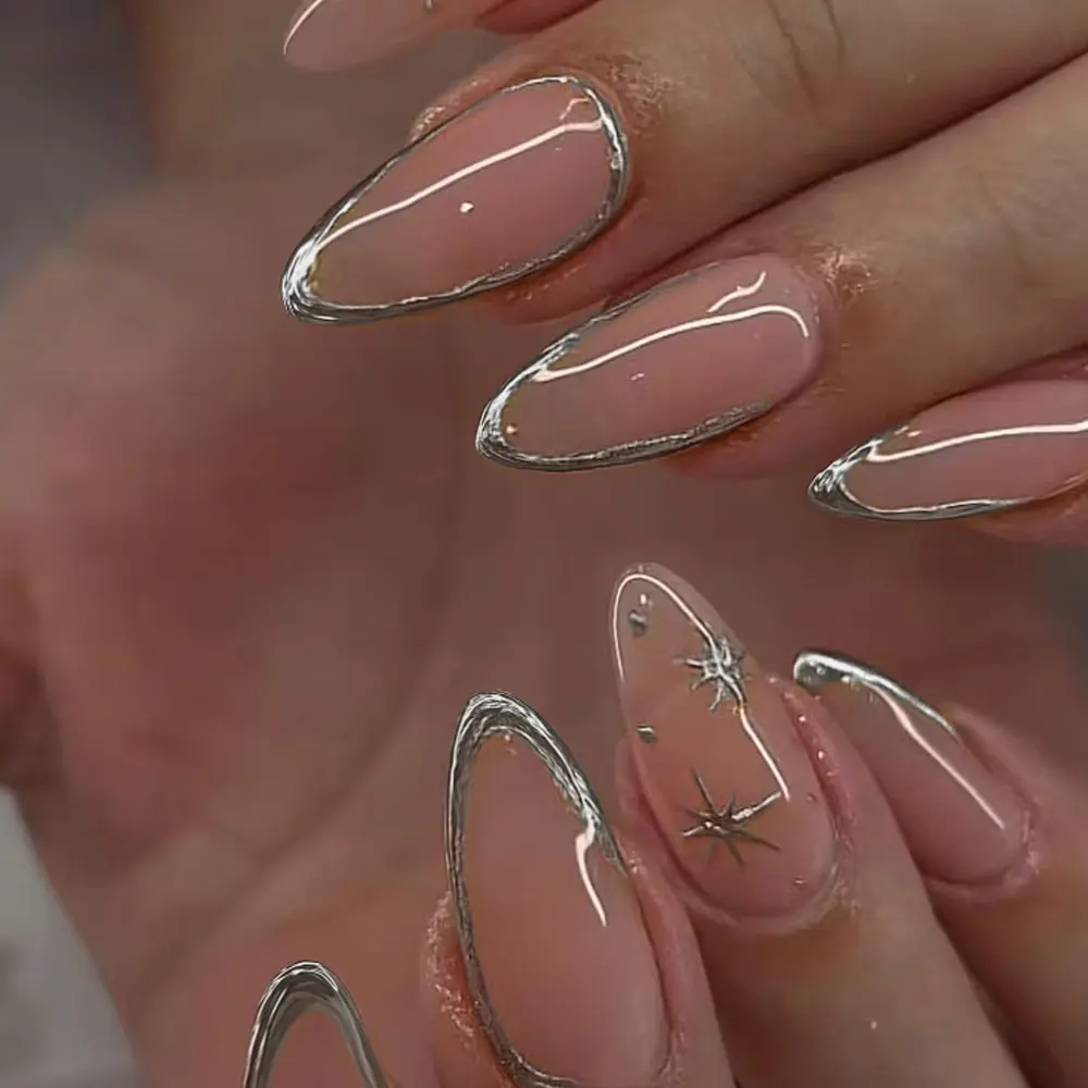 24pcs Almond Press-On Nails, Silver Color Star Design, Glossy Acrylic False Nails, Stylish Acrylic Nails, Medium Length, Nail Art Supplies, Perfect for Women and Girls