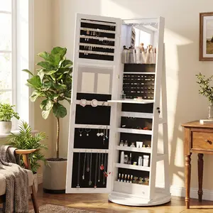 360° Swivel Jewelry Cabinet with Full-Length Mirror, 3-in-1 Freestanding Lockable Jewelry Armoire Organizer with Built-in LED Lights & Foldable Makeup Tray, Large Capacity Storage Cabinet with with 2 Drawers