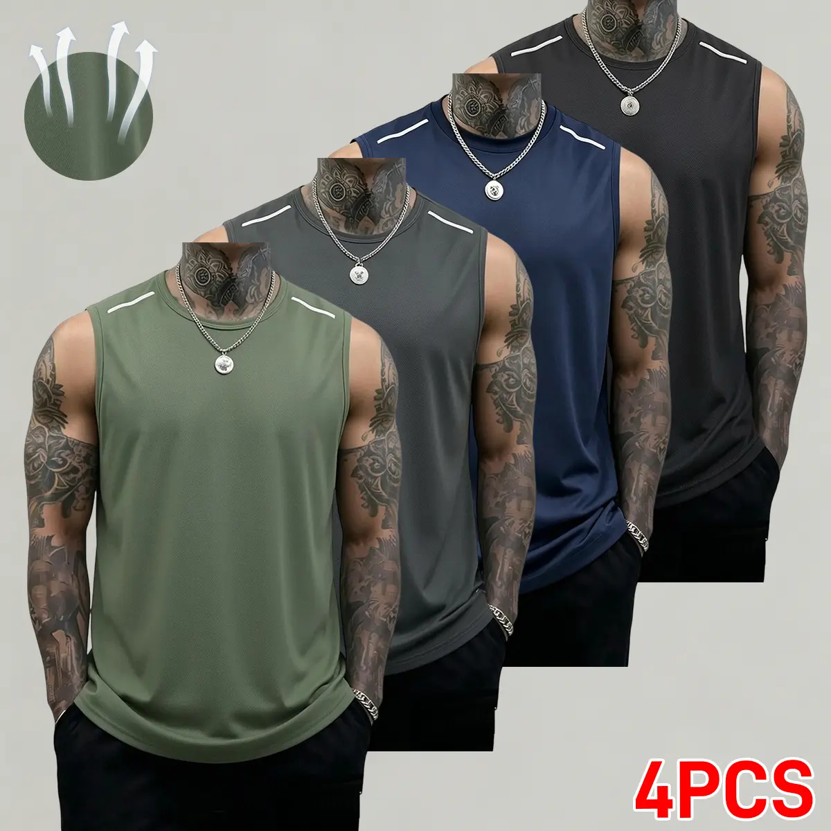 Men’s 4-pack sleeveless tank tops—loose, breathable summer sports tanks that are skin-friendly, drape comfortably, provide unrestricted movement, wick sweat, and dry quickly without feeling sticky. Suitable for fitness, running, the beach, and everyday we