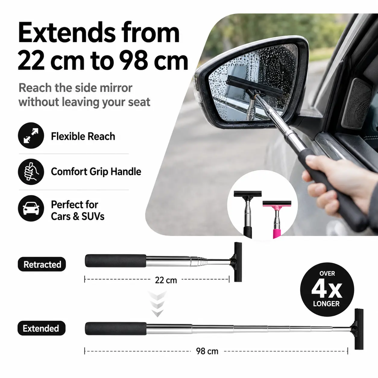 【Back to School】Car Rearview Mirror Wiper MM1, Retractable Extendable Long Handle Squeegee, Portable Mini Glass Water Wiper Cleaning Tool for Cars & SUVs Rainy Foggy Weather Rain Cleaning (Black, Pink), Extend/Retract