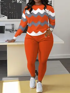 Women's Colorblock Tee & Plain Elastic Waist Pants Two-piece Set, Knit Outfit Set, Casual Round Neck Long Sleeve Top & Trousers 2 Piece Set for Spring & Fall, Women's Clothes for Daily Wear