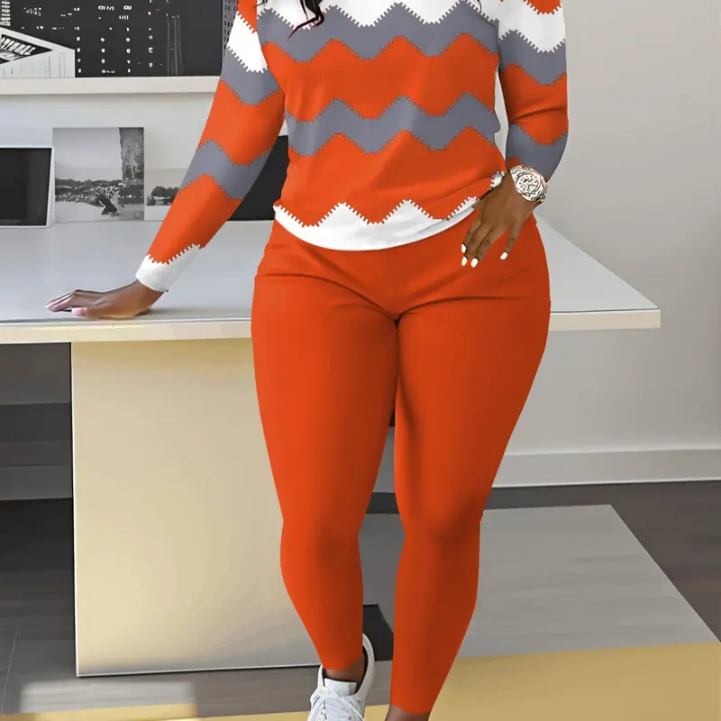 Women's Colorblock Tee & Plain Elastic Waist Pants Two-piece Set, Knit Outfit Set, Casual Style Set, Casual Round Neck Long Sleeve Top & Trousers 2 Piece Set for Spring & Fall, Women's Clothes for Daily Wear, Casual Matching Sets, Outfits Set