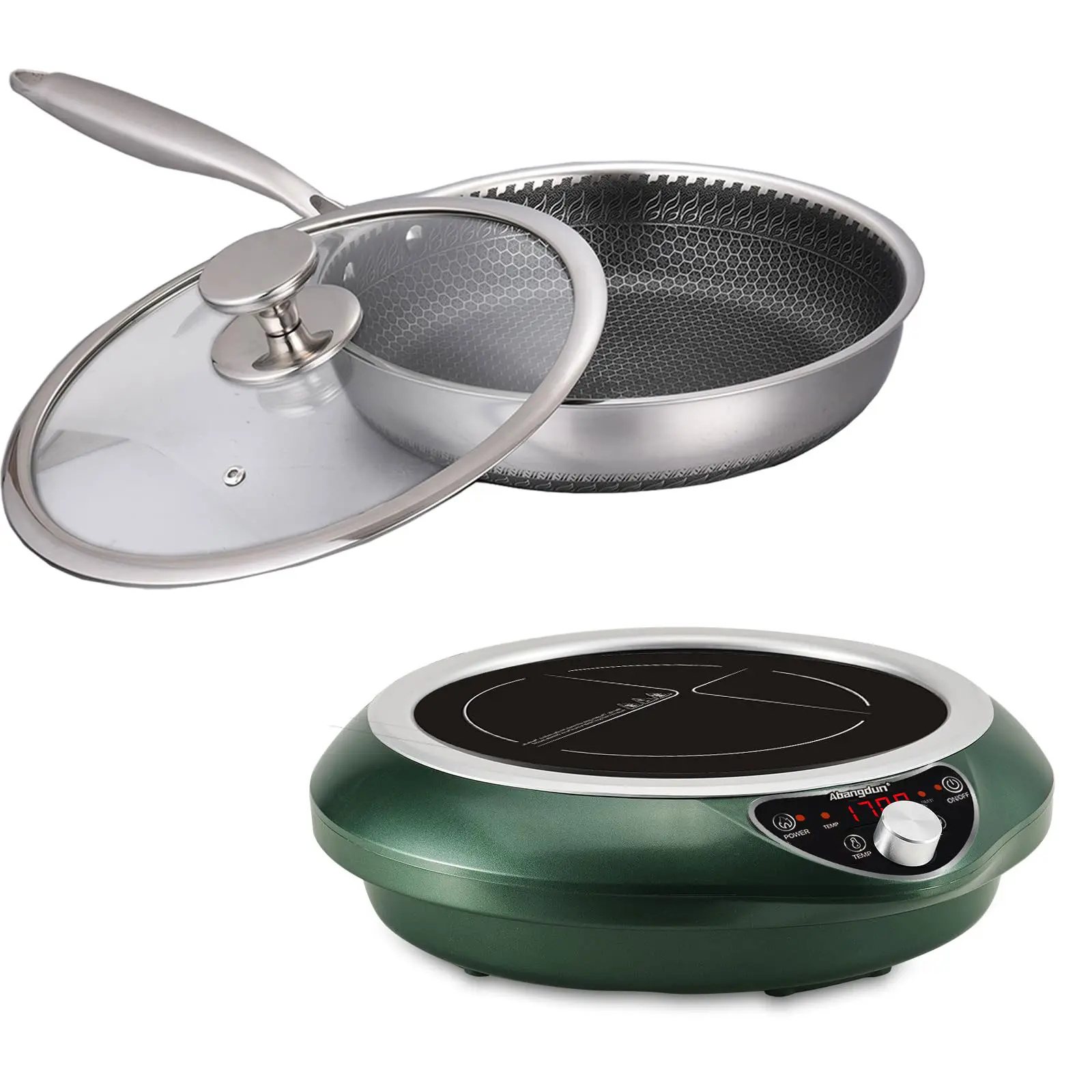 1800W 85V~120V Induction Cooktop With Stainless Steel Pan17 Level Temp&Power Ctrl Burner Cooker Nonstick Flat Pan Included Electric Stove Hot Plate Heat Evenly Fry For Steak Countertop Burners for Cooking Portable Heater 18 Hours Timer Abangdun
