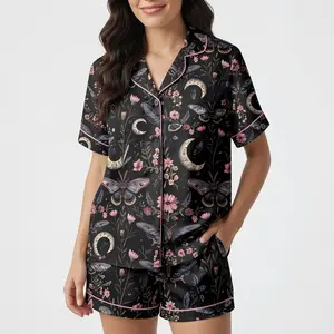 Mystical Moth Night Garden Satin Pajama Set, Witchy Floral set, Halloween Magic Sleepwear, Dark Cottagecore Women's Loungewear