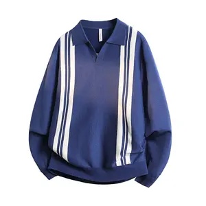 Men's Blue & White Striped Polo Collar Knit Sweater Retro Casual Long Sleeve Oversized Knitted Pullover Medium Fit