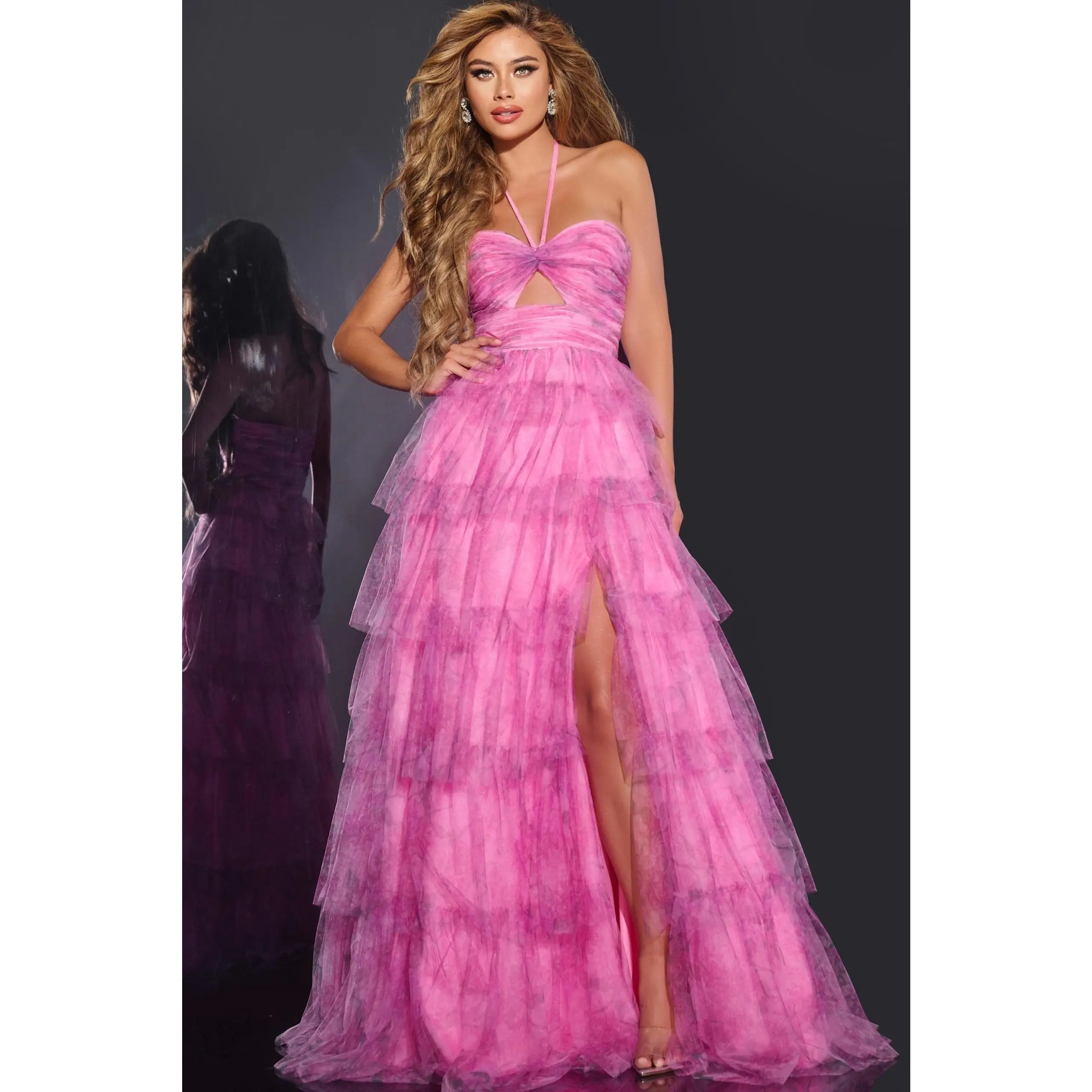 Jovani -43170 Halter Neck tiered tulle Prom gown