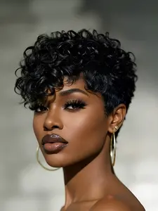 pixie wig short curly human hair wig machine made natural black color wig pixie cut human hair wigs for women daily party cosplay gift use wig Kinky Curly Wigs